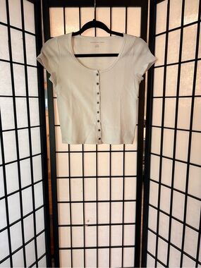 American Eagle Outfitters White Button-Front Ribbed Crop Top